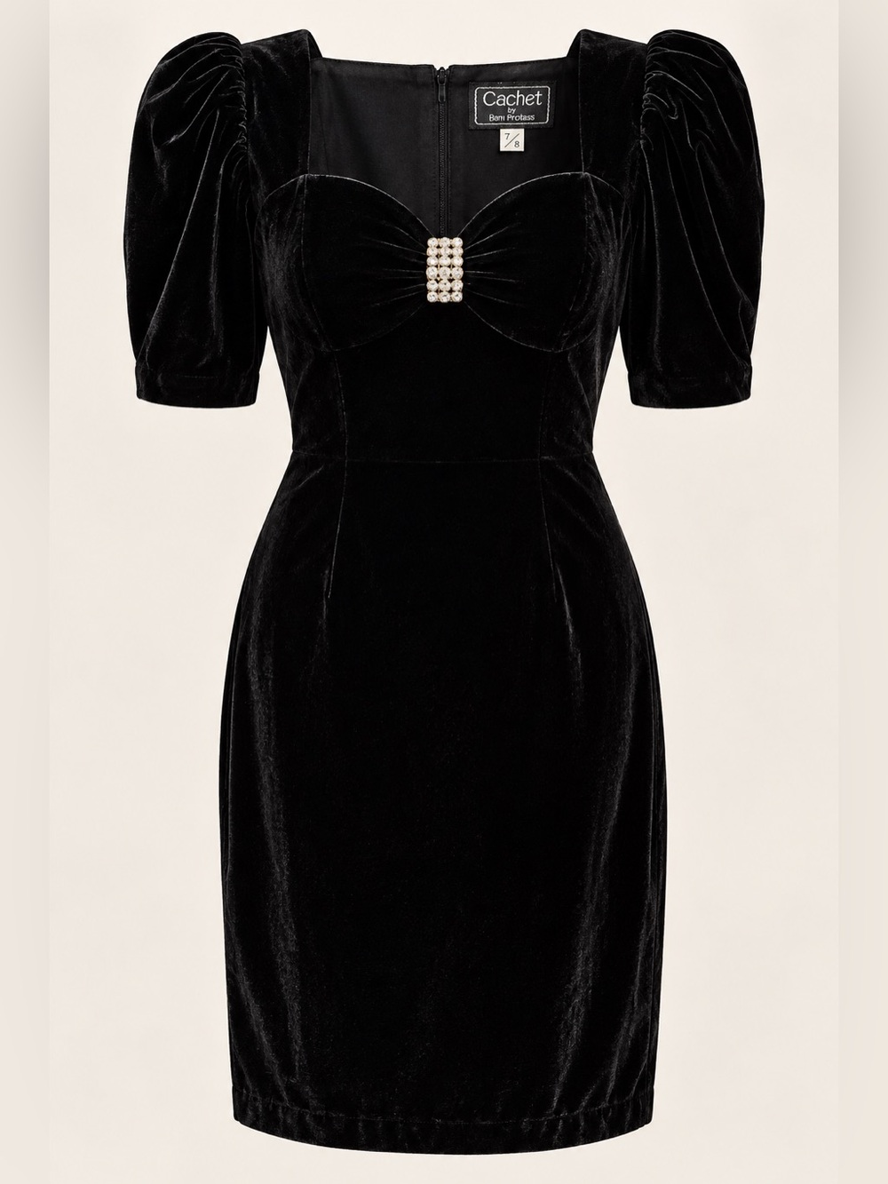 Vintage Cachet Black Velvet Dress 7/8 Rhinestone Puff Sleeve 80s Glam Holiday - Picture 16 of 16